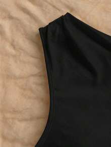Blusa asimétrica de hombro con pliegues y estampado de lunares estilo Y2K para mujer - Negro - Ver 4
