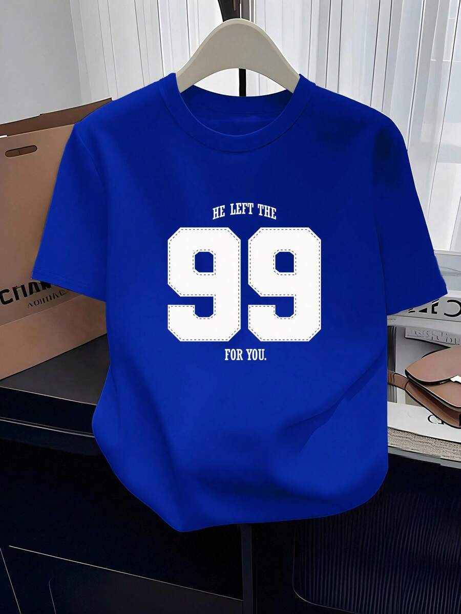 New Spring And Summer Printed T-Shirts For Women, Casual And Fashionable, Versatile For Lounging At Home, With A Round Neck, Stylish And Relaxed, Featuring Simple 2D Prints. Comfortable And Loose-Fitting, Suitable For Any Occasion. - 藍色 - 查看 1