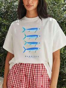 Camiseta de Verano con Estampado Gráfico de Sardinas, Manga Corta, Cuello Redondo, Top Casual para Mujer, Ropa de Verano y Primavera, Ropa de Mujer - Estilo - Ver 7