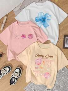 Set Of Short-Sleeved T-Shirts With A Crew Neck. Single Garment, Not A 3-Piece Set. 1 Piece/Set Of Short-Sleeved T-Shirts Suitable For Streetwear. Top Oversized Crew Neck, Suitable For Daily Outings, Camping, Concerts, Hip-Hop, Rock, And Rap Events. Round Neck, Floral Print, Starfish And Shells, Casual And Summery Style, Versatile And Suitable For Wearing At The Beach Or On Vacation. - 白色 - 查看 8