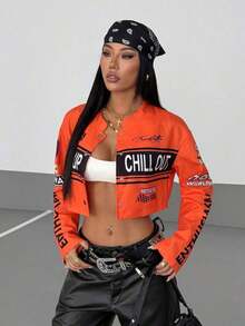 HypeZone Women's Streetwear Motorcycle Cropped Jacket,Ladies Spring/Fall Casual Button Front Drop Shoulder Stand Collar Loose White Colorblock,Letter Women Lightweight Jackets,Casual Daily Wear - 橘色 - 查看 3