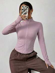 Chaqueta de manga larga de punto ajustada con protección solar para mujer en otoño/invierno, color albaricoque - Púrpura polvoriento - Ver 5
