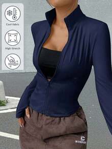 Chaqueta de manga larga de punto ajustada con protección solar para mujer en otoño/invierno, color albaricoque - Azul marino - Ver 7