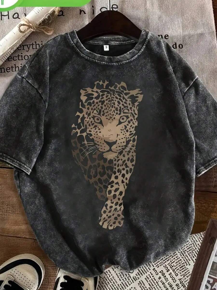 Camiseta de 220G con Estampado de Leopardo Lavado para Hombre, Unisex, Regalo de Halloween, Estilo Retro, Corte Holgado 2026 - Negro - Ver 1