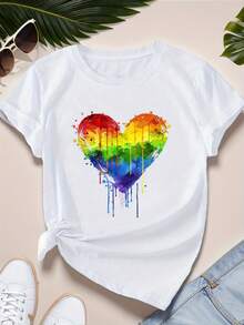 Camiseta deportiva de manga corta para mujer con estampado de salpicaduras de pintura de corazón deíris de talla - Blanco - Ver 4