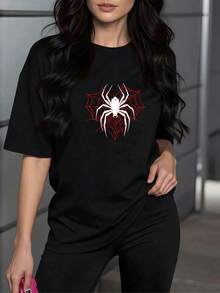 Camiseta de mujer con estampado de araña blanca sobre tela de araña roja,estilo casual y moderno,ideal para un look único. - Negro - Ver 1