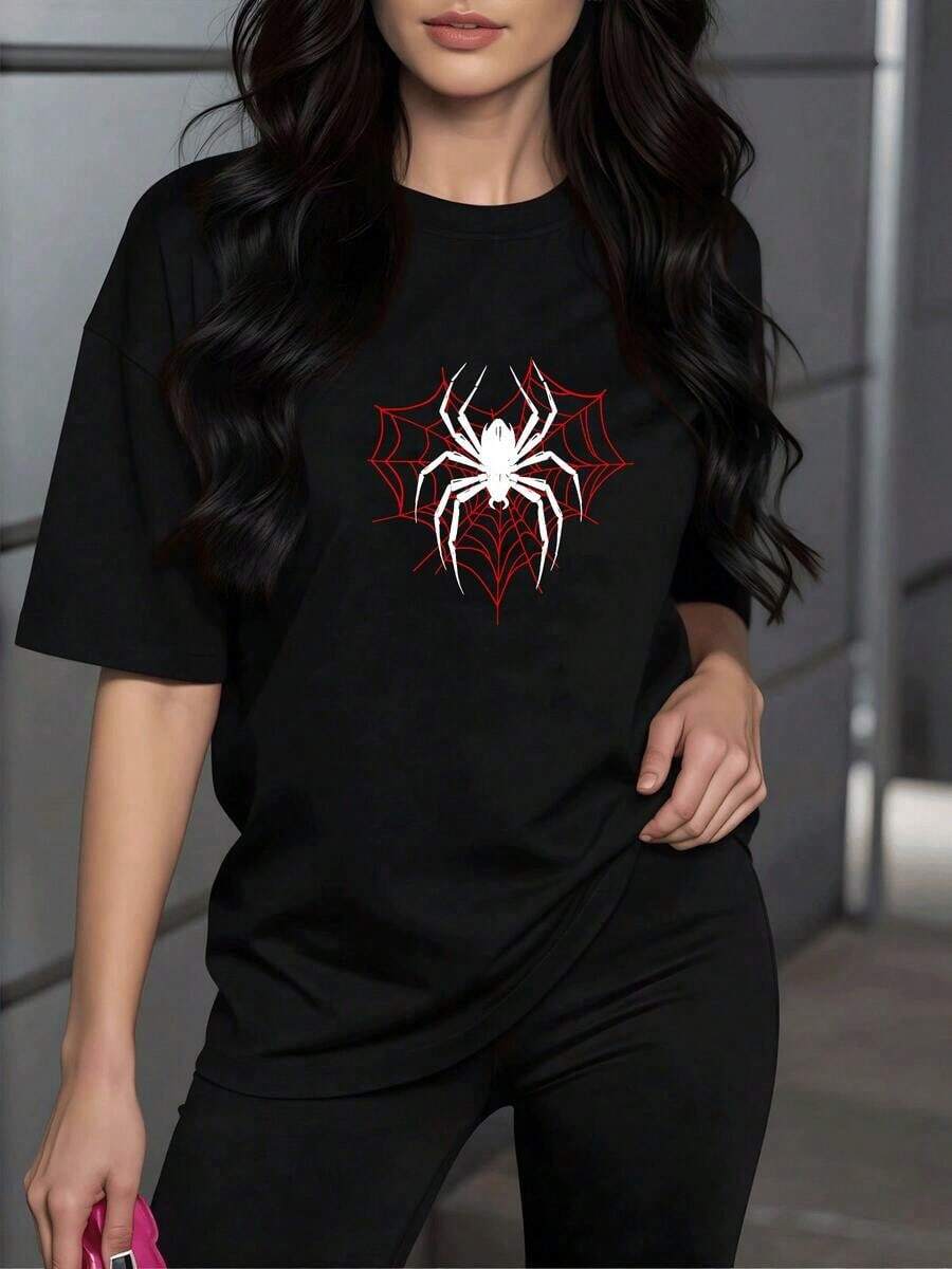 Camiseta de mujer con estampado de araña blanca sobre tela de araña roja,estilo casual y moderno,ideal para un look único. - Negro - Ver 1