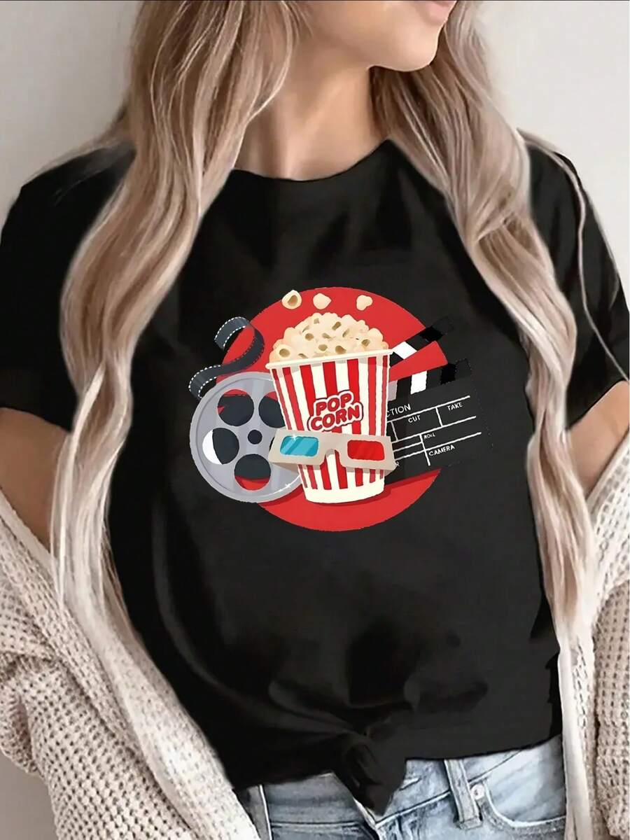 This Lightweight And Durable Short-Sleeved T-Shirt With A Popcorn Design Is Perfect For Lounging At Home Or Going To The Movies, Making It An Ideal Choice For Movie Nights And Relaxing Moments. Suitable For Everyday Wear. - 黑色 - 查看 1