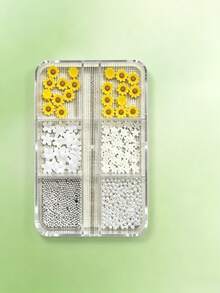 6-Grid/50PCS Summer Sunflower Nail Art Charms, 5-Petal Flower, Pearl, Steel Ball, White Rhinestone, Versatile Wearable Nail Accessories For Gel Nails - Multicolor - View 4