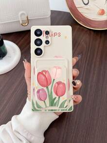 #Serie Android Pura# 1 pieza Funda de teléfono suave y protectora de TPU blanco con patrón de tulipán acuarela versátil y 1 pieza Funda de teléfono de cobertura completa creativa y personalizada de 2 en 1 con patrón de tulipán acuarela blanco y soporte adhesivo para tarjetas, adecuada como regalo para novia/novio, mejor amigo - Multicolor - Ver 3