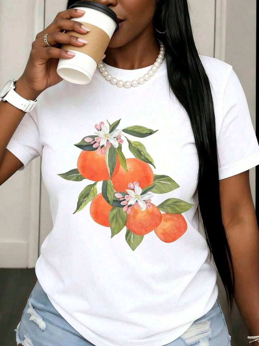 Women's Casual Black T-Shirt With Orange Fruit And Flower Print, Summer Casual Top, Fashion Graphic Tee For Everyday Wear, 100% Cotton, Durable - 白色 - 查看 1