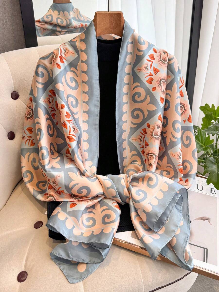 1pc Women's Elegant Geometric Print Lightweight Silk-Like Scarf, Versatile For Sun Protection, Travel, Daily Wear, Spring/Summer - Gray Blue - View 1