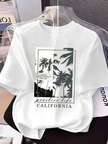 Camiseta de cuello redondo para mujer, estampado de siluetas de palmeras grises, con texto "CALIFORNIA positive life", estilo vacacional y casual, top minimalista - Blanco - Ver 7