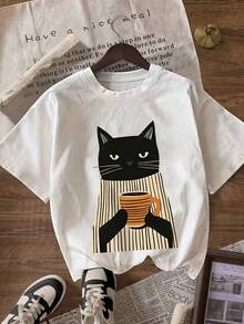 Camiseta de mujer con estampado de un gato tomando café, cuello redondo y mangas cortas, adecuada para ir de compras, fiestas y uso diario - Camiseta unisex de algodón holgada de estilo vintage con cuello redondo y manga corta, blusas para mujer. blusas.blusas casuales para dama. - Blanco - Ver 6