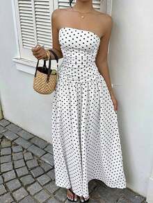 YkhahaMainGRL Vestido bandeau con cintura ceñida y estampado de lunares, estilo vacacionalYkhaha - Blanco y Negro - Ver 3