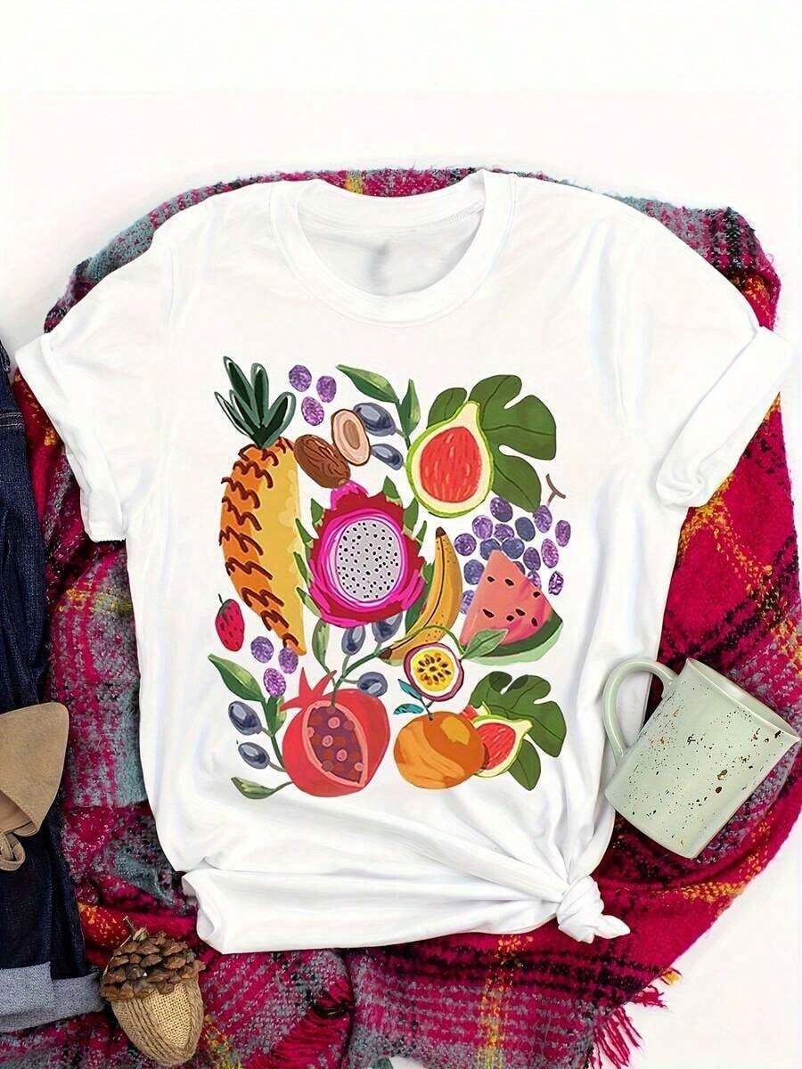 Camiseta Casual para Mujer, Estampado Vintage de Frutas Tropicales, Gris Suave con Diseño Vibrante de Mango, Piña, Fruta del Dragón, Maracuyá y Hoja de Frambuesa, Atuendo Casual para el Día - Blanco - Ver 1