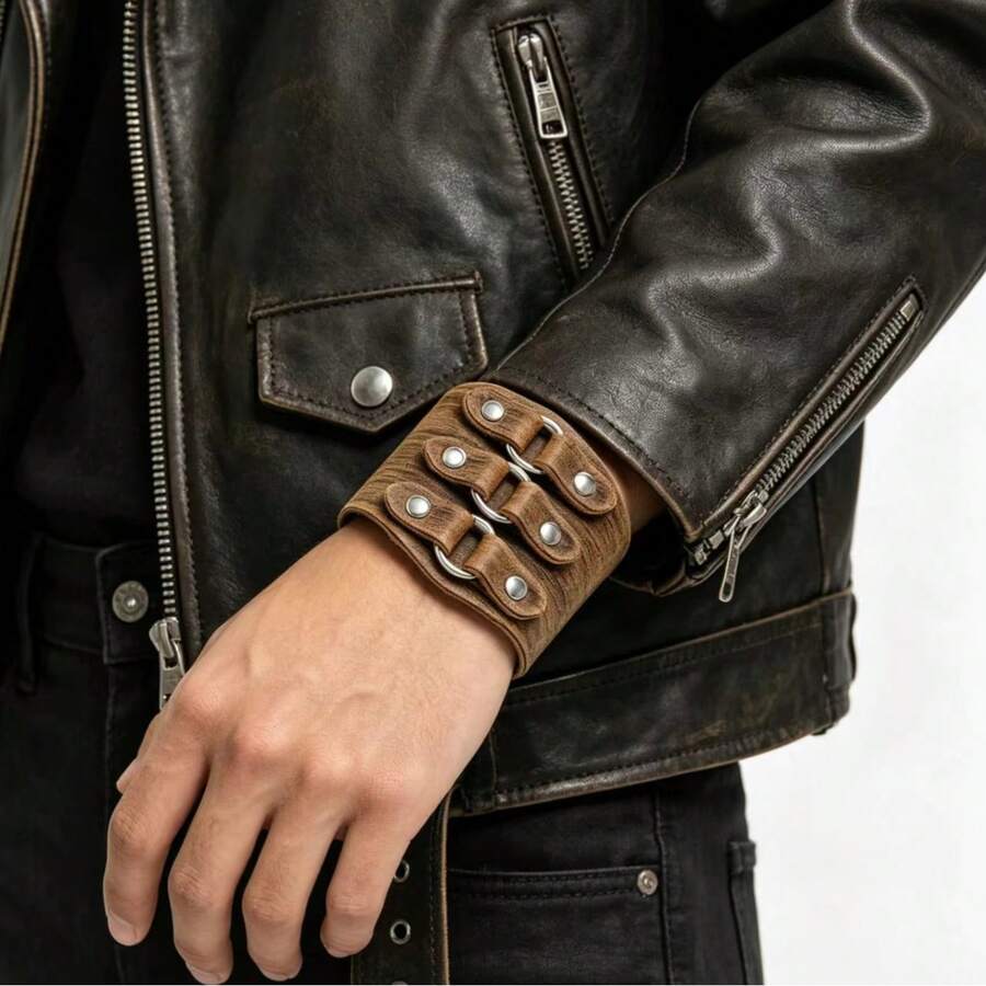 1pc Vintage Composite Design Men's Bracelet, Fashionable Daily Accessory, Gift For Men - Brown - View 1