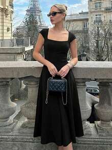 Vestido largo invierno estilo francés liso ajustado con tirantes cremallera y lazos traseros elegante moda para mujer - Negro - Ver 11