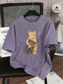 Camiseta de manga corta con estampado de gato interesante, top de diseño exclusivo y lindo, camiseta para mujer de talla grande, camiseta de algodón lavado, ropa casual de talla grande para mujer, tela con estampado de copos de nieve, top casual de cuello redondo cómodo de talla grande, camiseta vintage desgastada, ropa de mujer de talla grande, ropa de primavera/verano - morado medio 2 - Ver 7