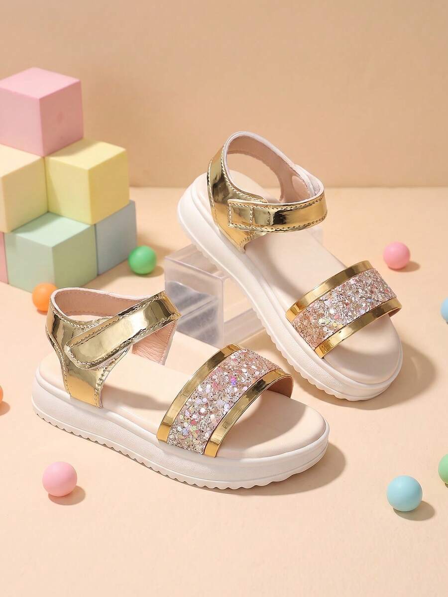 1 Pair Children's Shiny Gold Fashion Flat Sandals, Gradient Colorful Sequins, Girls Magic Tape Beach Sandals, Suitable For Matching Outfits And Outdoor Play - Gold - View 1