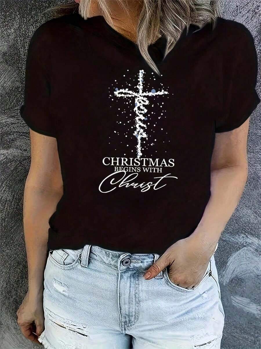 Simple And Versatile Design Festive Happiness Unisex Casual T-Shirt With Christmas Cross Print - Short Sleeve, Crew Neck, Jesus Print Top, Black, Suitable For Everyday Wear During The Holidays, Festive Design T-Shirt, Geometric Print T-Shirt, Opaque Material, Christmas T-Shirt, Cotton T-Shirt Printed On One Side. Cotton T-Shirt - 黑色 - 查看 1