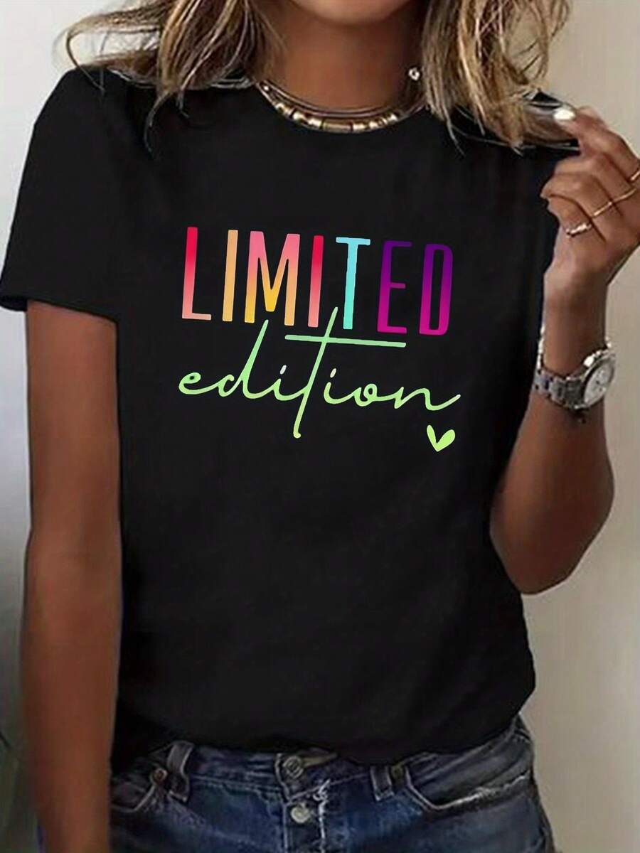 Limited Edition Short Sleeve T-Shirt, Crew Neck And Comfortable Fit, Essential For Casual Holidays, Lightweight And Loose Fit, Plus Size For Women, Sporty And Casual Style - 黑色 - 查看 1