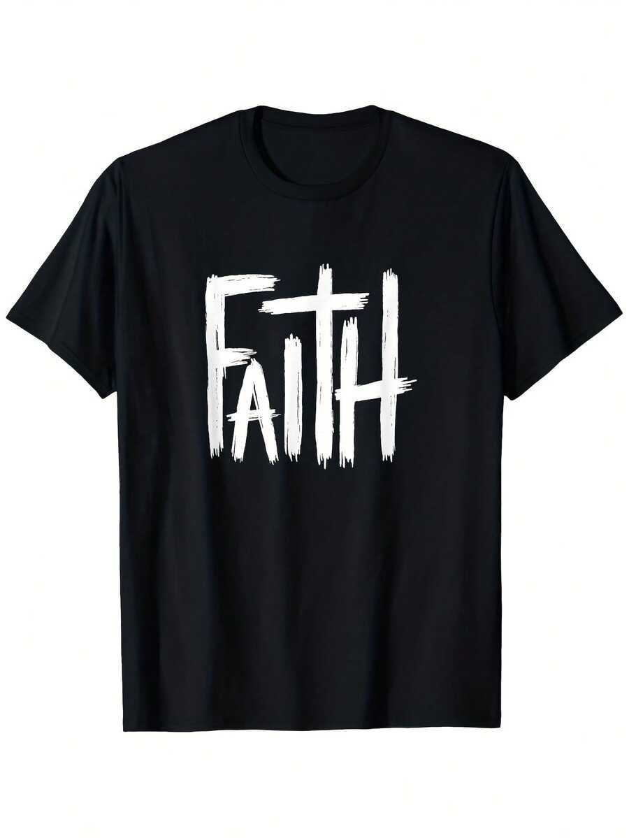 Religious Faith T-Shirt With Cross For Men And Women - 200g Heavyweight, Crew Neck, Short Sleeve, Bold Brushstroke Cross And Faith Lettering Design, Unisex Casual Christian Clothing - 黑色 - 查看 1