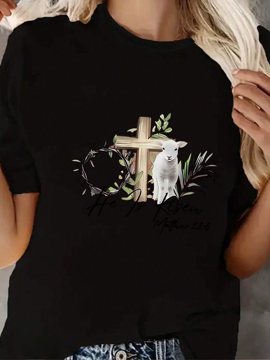 1 Stylish And Modern Women's Round Neck T-Shirt, Y2K "He Is Risen" Printed T-Shirt, Casual Round Neck Top, Fashionable Sweater, Short Sleeve T-Shirt, Comfortable Style, Machine Washable, Easy Care Fabric That Dries Quickly, Opaque - 黑色 - 查看 1