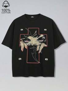 Camiseta de manga corta para hombre con estampado gráfico de diablo de dibujos animados vintage, estilo gótico oscuro, punk, holgada, estilo urbano. - Negro - Ver 2