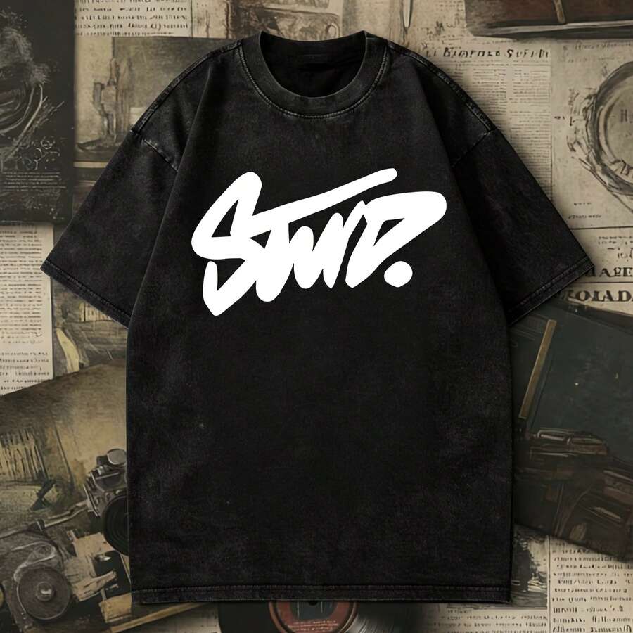 Unisex Washed Vintage STWD Graffiti Signature Print Summer Tops, Y2K Streetwear Graphic Tee - 黑色 - 查看 1