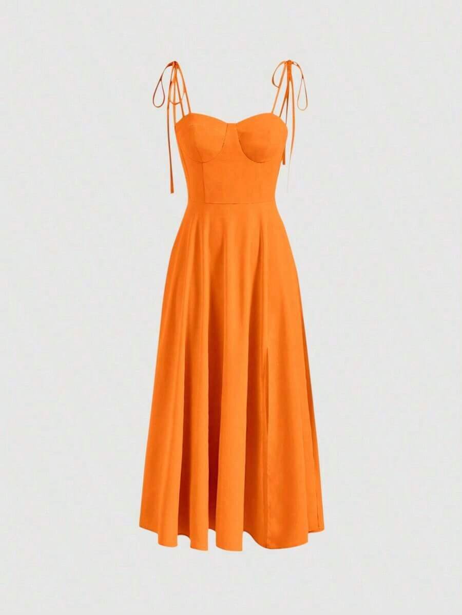Vestido con abertura y lazo floral - Naranja - Ver 1