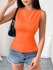 Camisa ajustada sin mangas de unicolor con lazo en la espalda, sexy y elegante para uso casual, adecuada para citas, vacaciones, oficina/negocios, primavera/verano - Naranja Quemada - Ver 8