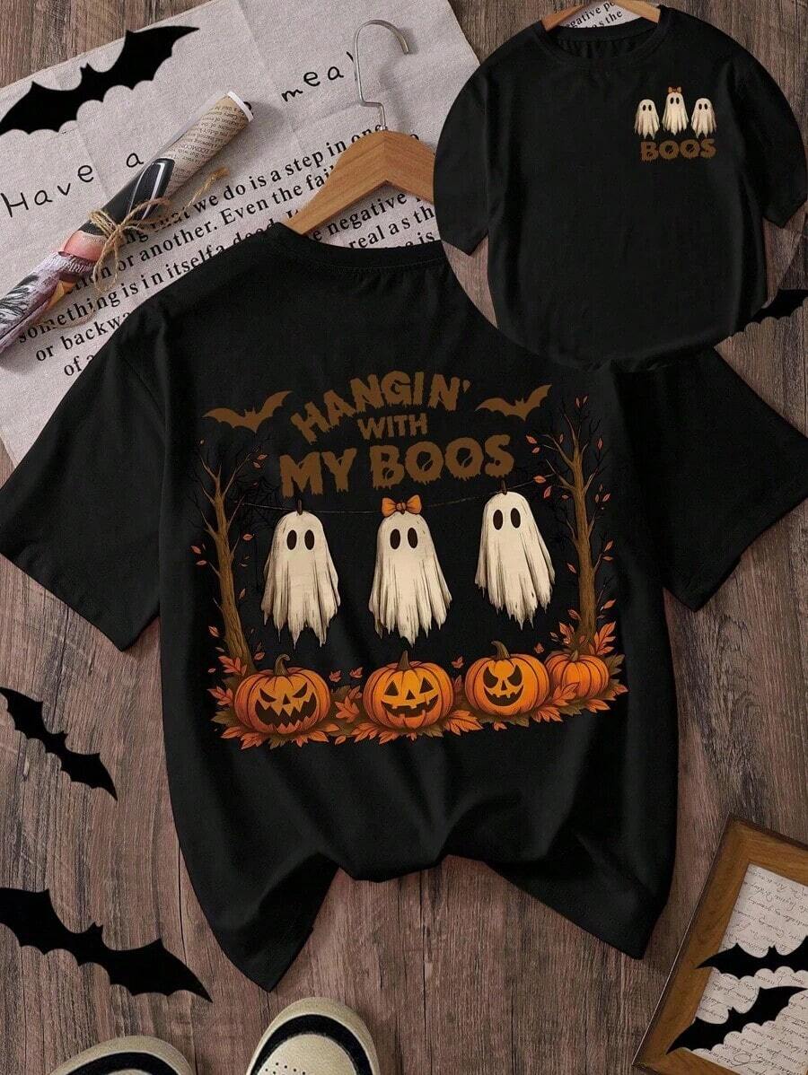 Camiseta de mujer con estampado de fantasma y calabaza de Halloween - Negro - Ver 1