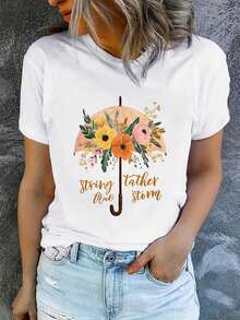 Soft Summer T-Shirt For Women With Short Sleeves Featuring "Umbrella And Flower" Print, 100% Cotton, Fashionable And Casual, Machine Washable, Comfortable Fit, 2D Flat Print, Elegant Blouses For Women. - 白色2 - 查看 7