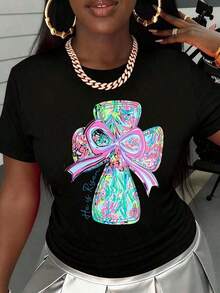 Women's T-Shirt With Cross, Top With Christian Religious Faith Statement, Spring Summer Casual Fashion - 黑色 - 查看 2