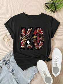 Women's Casual Short Sleeve T-Shirt - Kansas City American Football Design With Stars And Checks, Crew Neck, Summer Top, Machine Washable, Ladies' T-Shirts, Casual Wear, Modern Style, Comfortable Fit

-White Blouses For Women Shirt - 黑色 - 查看 3