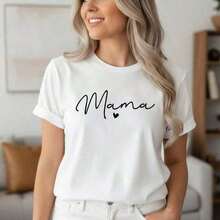 Soft 100% Cotton T-Shirt, New Summer Style, Women's Pure Cotton "Mama" Print Short-Sleeve T-Shirt, Casual Loose Fit With A Round Neck, Soft And Breathable Basic Top For Everyday Wear, Available In Sizes S-5XL, T-Shirt With White "Mama" Lettering And Heart Detail, Comfortable Cotton Blouse For Mothers, Simple And Elegant T-Shirt For Moms, Machine Washable. A Great Gift For Family, Siblings, Friends, Parents, Or Teachers. Breathable Cotton T-Shirt, Goes With Everything. - 白色 - 查看 1