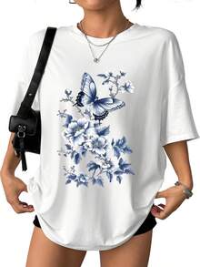 Men's And Women's Casual Cotton T-Shirts, New Spring/Summer Collection, Blue And White Butterfly Print, Blue And White Porcelain-Style Design, Soft And Comfortable Fabric, Casual And Versatile, Summer Wear, Great As A Gift, Local Store. JMCX - 白色 - 查看 1
