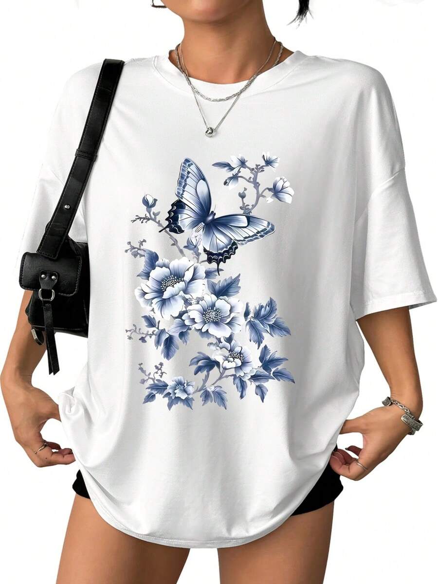 Men's And Women's Casual Cotton T-Shirts, New Spring/Summer Collection, Blue And White Butterfly Print, Blue And White Porcelain-Style Design, Soft And Comfortable Fabric, Casual And Versatile, Summer Wear, Great As A Gift, Local Store. JMCX - 白色 - 查看 1