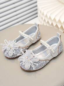 Zapatos de suela blanda con estilo de princesa para niñas, decorados con lazo y perlas, versátiles para uso diario en primavera, verano y otoño, escuela y transporte - Plateado - Ver 2