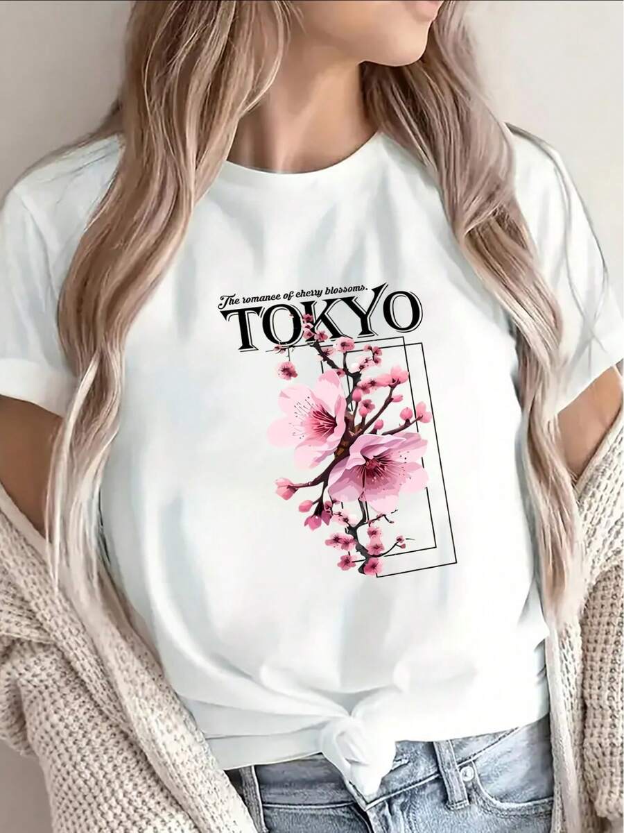 Women's T-Shirt Made Of Pure Cotton, Loose Casual Style, With A Tokyo Cherry Blossom Design, Lightweight And Durable, Suitable For Home, Cafes Or Casual Outdoor Use, With A Soft And Comfortable Fabric For Everyday Wear. - 白色 - 查看 1