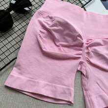 Pantalones cortos de yoga sin costuras de cintura alta para mujer - Levantamiento de glúteos elástico, adecuado para correr, fitness y actividades al aire libre| Apariencia de moda| Tela elástica de verano - Rosa - Ver 4