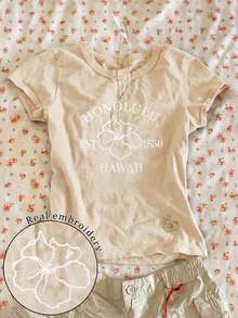 Blusa casual de mujer con bordado floral, camiseta de cuello redondo para el verano - Albaricoque - Ver 4