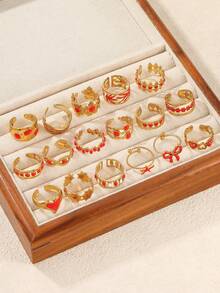 4/6/12/16pcs Stainless Steel 18K Gold Plated Mixed Pattern Rings Set, High Quality With Red Resin Inlay, Various Shapes Adjustable Rings In Blind Bag, Suitable For Women's Daily Decoration Or Gifts - Yellow Gold - View 4