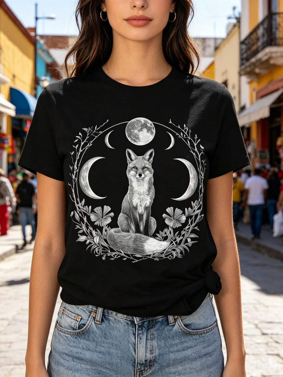 Limited Time Offer, Limited Quantities, Flash ! Women's Casual Shirt, Elegant, Women's Short-Sleeved Sports T-Shirt, Fox Print, Starry Sky Trim. - 黑色 - 查看 1