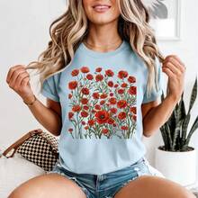 Poppy Flower Shirt, Red Poppy T-Shirt, Wildflower Shirt, Floral Cottagecore T-Shirt, Botanical Shirt, August Flower Gift For Women - 白色 - 查看 3