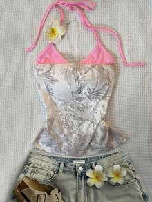 Top halter con estampado de frutas, diseño sin espalda, estilo casual de vacaciones, chaleco de 2 en 1 con bloques de color, adecuado para fiestas, citas, playas, carnavales y otras ocasiones, la elección perfecta para el verano.Top de playa, ro - Multicolor 2 - Ver 1