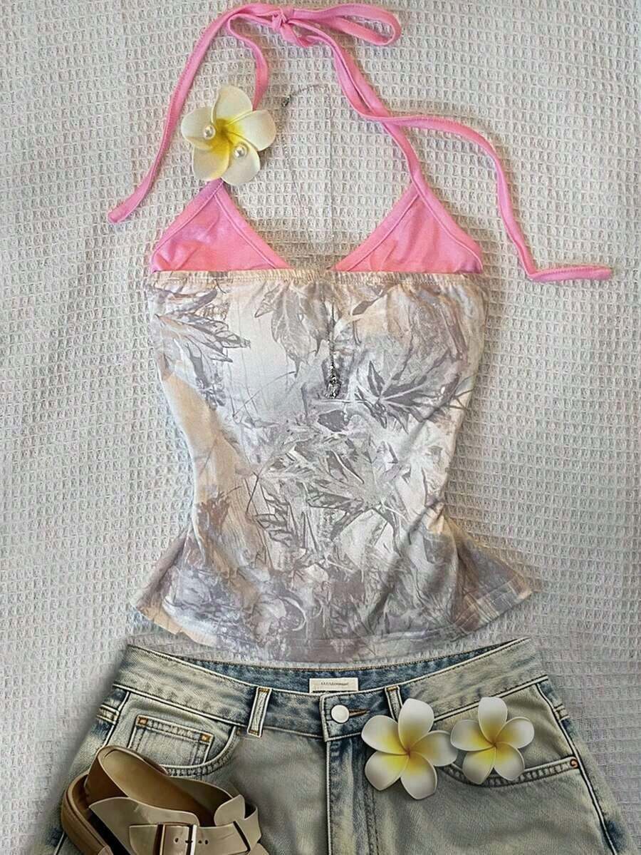 Top halter con estampado de frutas, diseño sin espalda, estilo casual de vacaciones, chaleco de 2 en 1 con bloques de color, adecuado para fiestas, citas, playas, carnavales y otras ocasiones, la elección perfecta para el verano.Top de playa, ro - Multicolor 2 - Ver 1