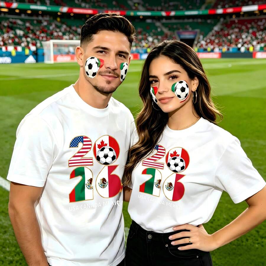 Couple Football Pattern T-Shirt, 100% Cotton, Loose Fitting, Soft And Breathable, Casual Round Neck Short Sleeved Top World Cup 2026 Mexico Usa Canada Printed Patterns, Dating, Leisure Travel, Gatherings, Simple Cartoon Printing Style, High Cost-Effectiveness Suitable For Watching Live Sports Games, - 白色 - 查看 1