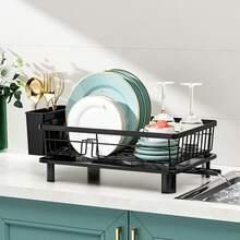 Kitchen Sink Dish Drainer Rack With 360°Drip Tray Cutlery Holder Plate Cup Racks - Black - View 6